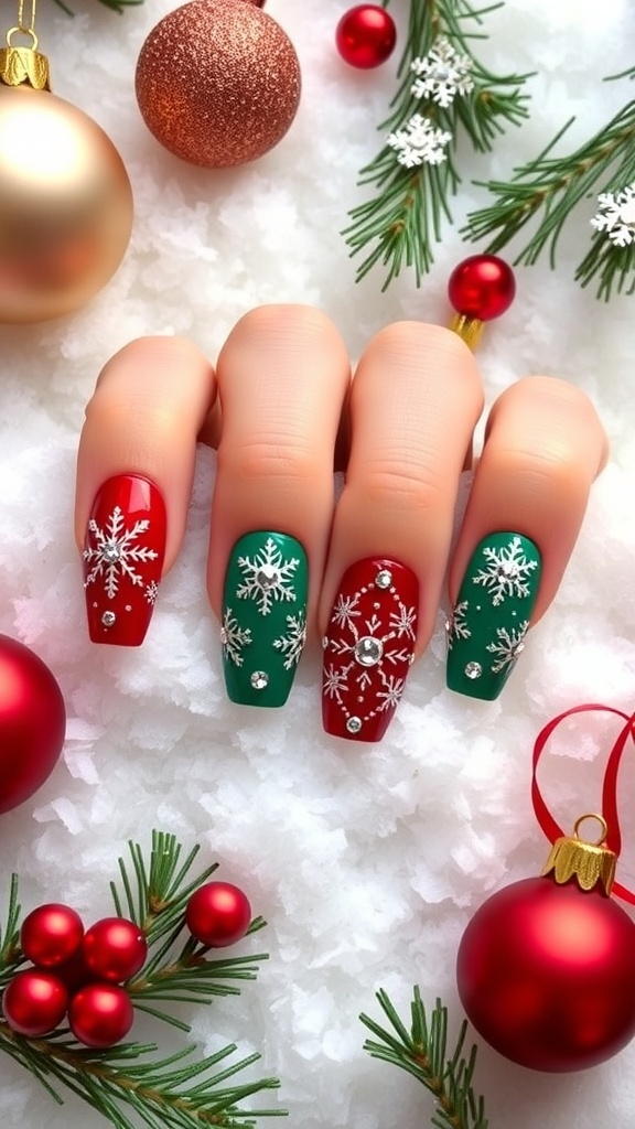 Creative Christmas nail art with red and green designs, snowflakes, and rhinestones on a snowy background.